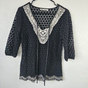 Womens Black Lace Dot Sheer  Blouse Sz Lg Fairy Grunge Goth Witchy Boho Office
